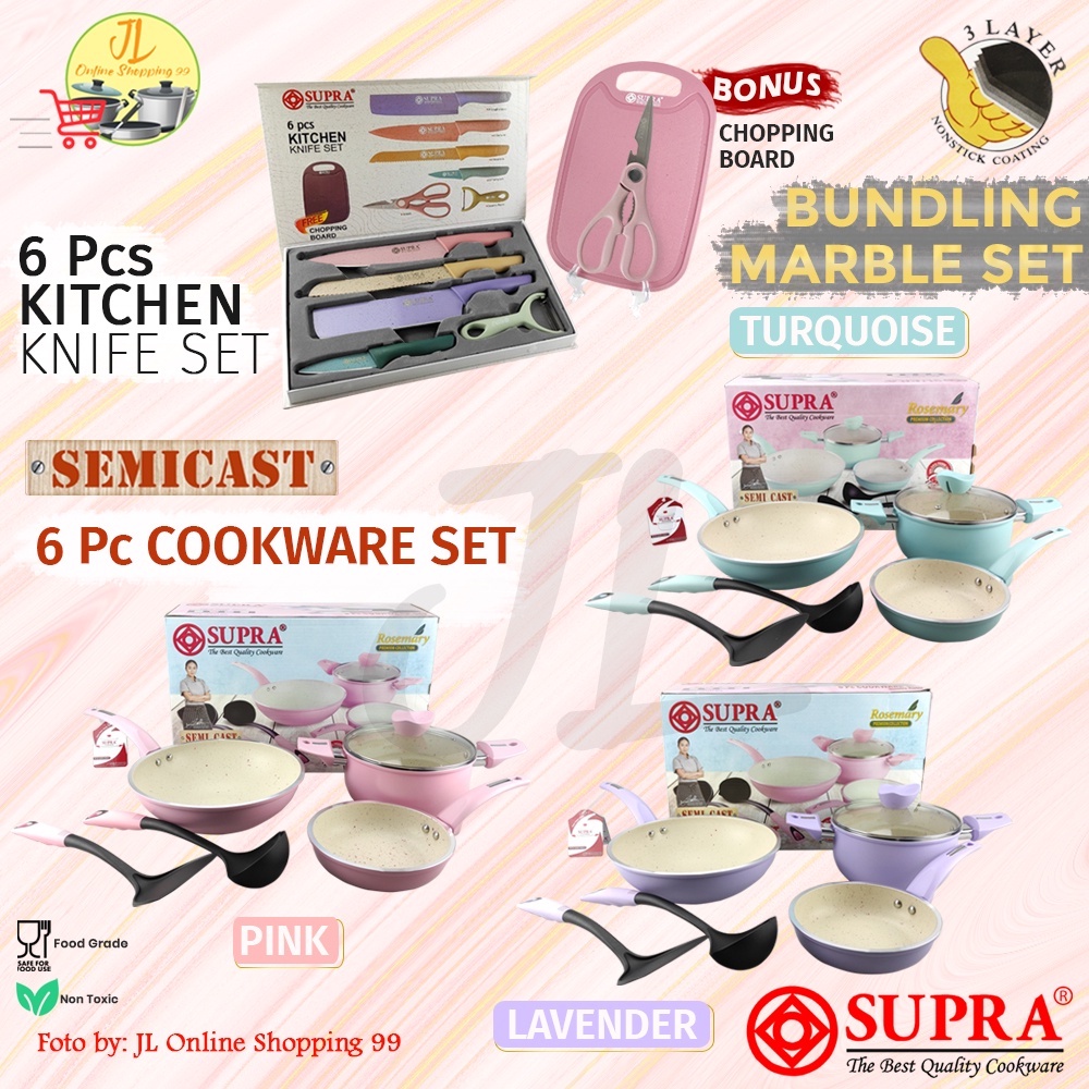 SUPRA 6pcs pastel white marble + 6pcs knife set stainless + cutting board / panci set anti lengket +