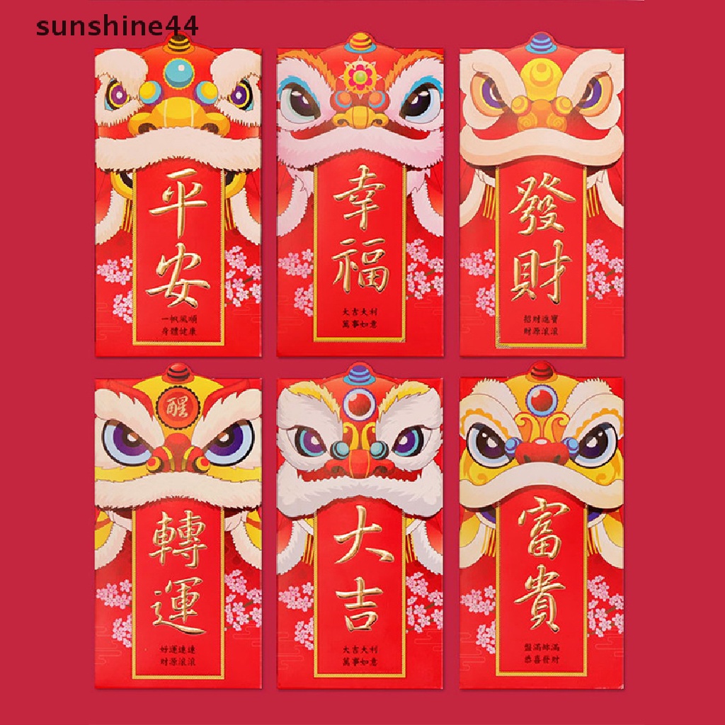 Sunshine 6Pcs Amplop Angpao Merah Motif Kartun Singa Untuk Tahun Baru Cina