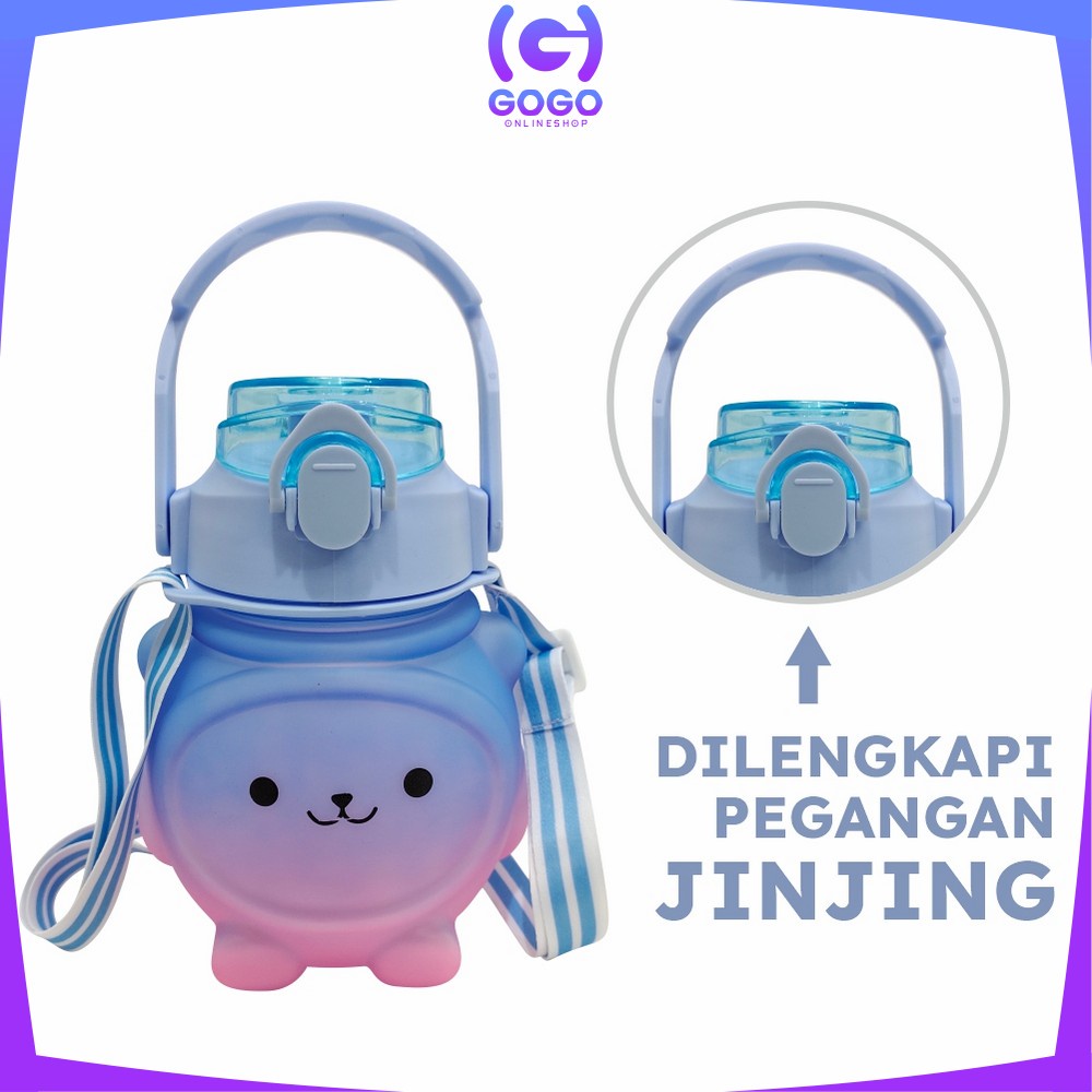 GOGO-C589 C592 Botol Minum Anak Boneka Bear Beruang 1 Liter Polos Gradasi / Tumbler Minum Anak Karakter Bear Gemoy Pelangi