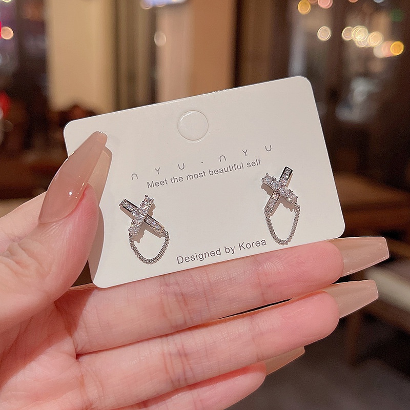 Anting Tusuk Gantung Bahan Sterling Silver 925 Bentuk X Hias Zircon Gaya Simplekeren Untuk Wanita