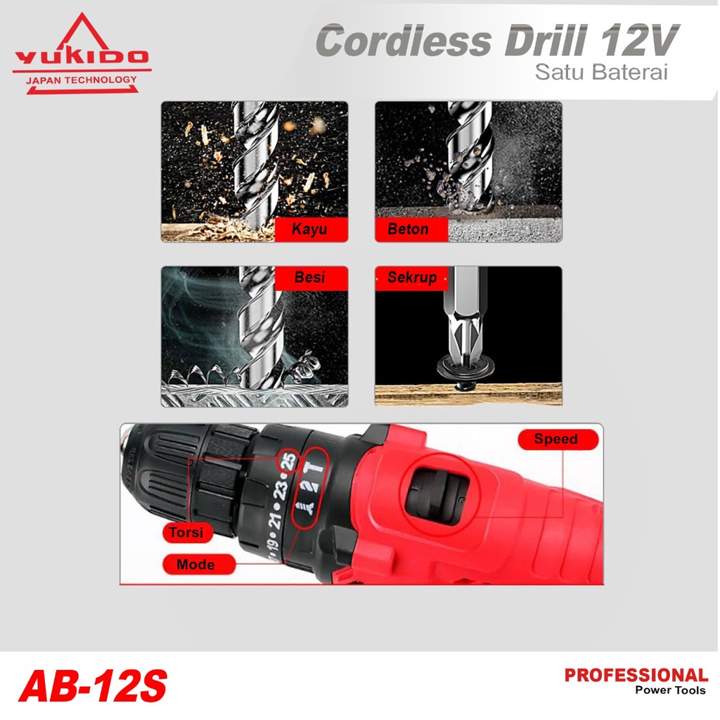 YUKIDO brusles Cordless Drill Battery 12s - Mesin Bor Baterai Tangan Tanpa Kabel 12 V HITAM JLD