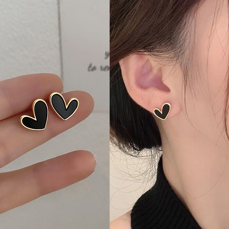 Anting Tusuk Gantung Desain Hati Warna Hitam Gaya Jepangkorea Selatansimple Untuk Wanita