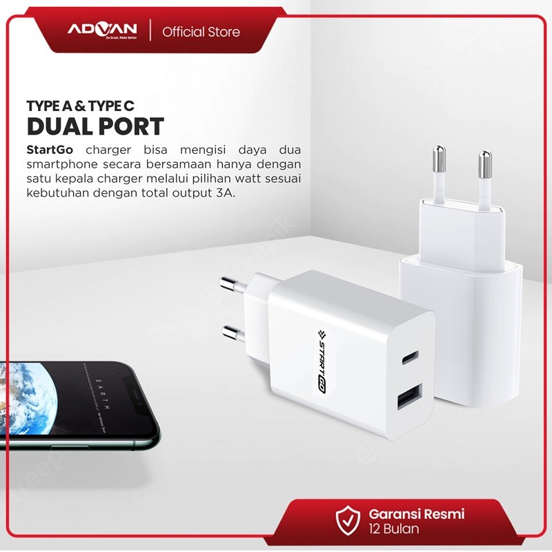 Kepala Charger ADVAN STARTGO PU20W 20Watt 3A Dual Port USB A + USB C