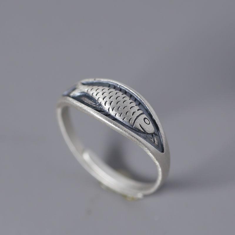 Cincin Model Terbuka Desain Ikan Koi Gaya Cina Vintage Handmade Untuk Pria