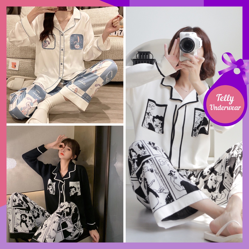 TELLY ➡️ 343 Set Piyama Baju Tidur Wanita Import PP Fashion Kerah Kancing Lengan Panjang Celana Panjang