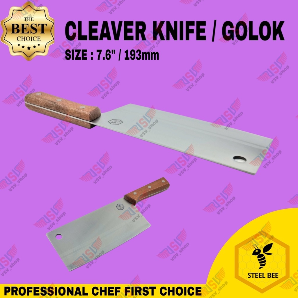 Steel Bee Pisau Dapur Pisau Daging Gagang Kayu Premium Cleaver 7.6&quot; Tahan Karat