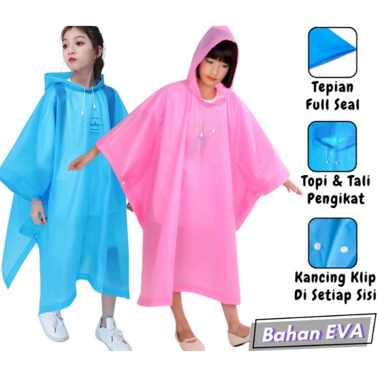 Jas Hujan Anak Waterproof Bahan EVA Tebal / Jas Hujan Mantel Korea + Hoodie Semi Transparan Anti Air / Jubah Kelelawar Musim Ujan Untuk Motor Anti Basah / Children Raincoat Lightweight Unisex Reusable Laki Laki Perempuan  Model Poncho ORIGINAL