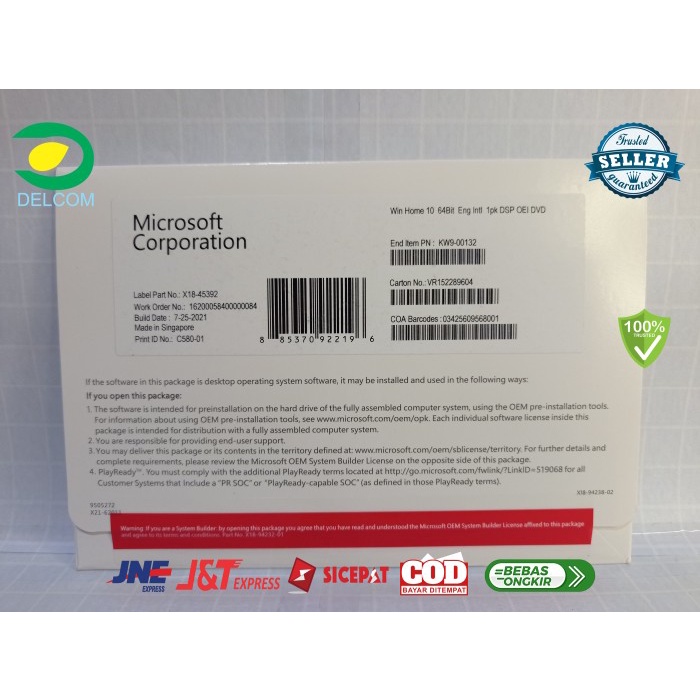 Windows 10 Home x64 Bit Full Version Package DVD Original OEM