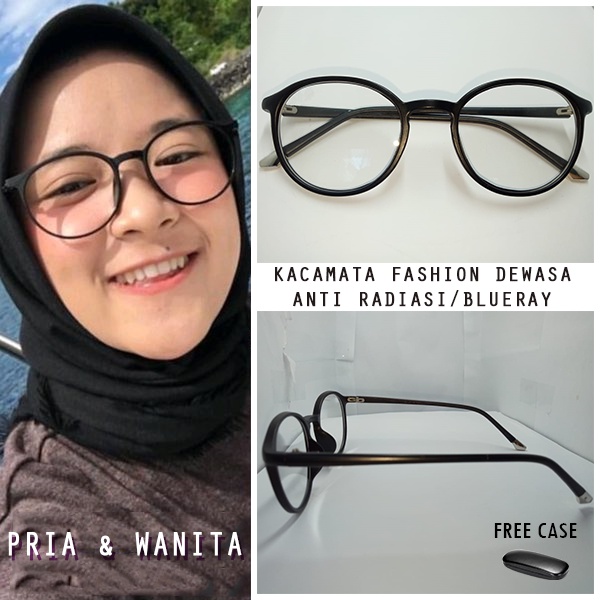 Kacamata Bulat Oval Lensa Blueray Anti Radiasi Normal Fashion Gaya Untuk Pria dan Wanita Freecase