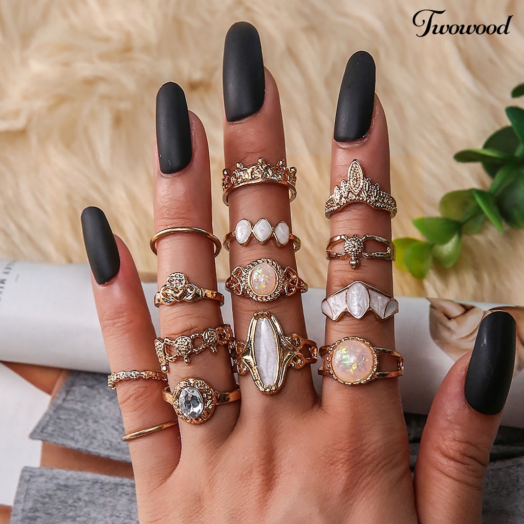 14pcs Cincin Knuckle Model Hollow Stackable Bahan Alloy Aksen Permata Imitasi Gaya Etnik