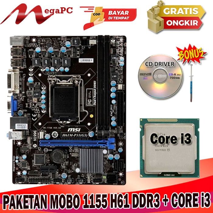 Paket Mainboard LGA 1155 H61 DDR3 + Processor Core i3 2100
