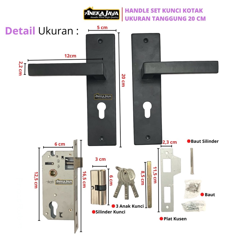 Handle set kunci hitam Ukuran 20 cm Tanggung Gagang Kamar Bahan Stainlees Awet Murah