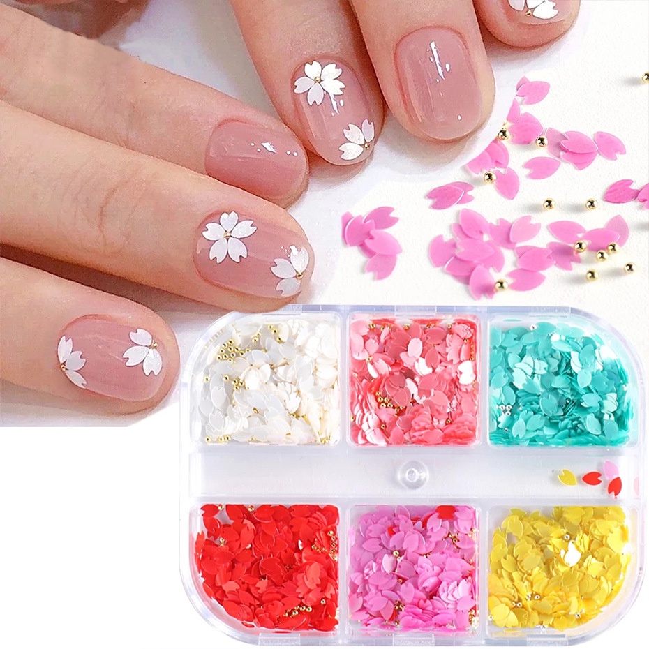 1 Kotak 6 Kisi/12 Kisi Daun Bunga Sakura Bahan Resin Anti Air Untuk Dekorasi Nail Art DIY