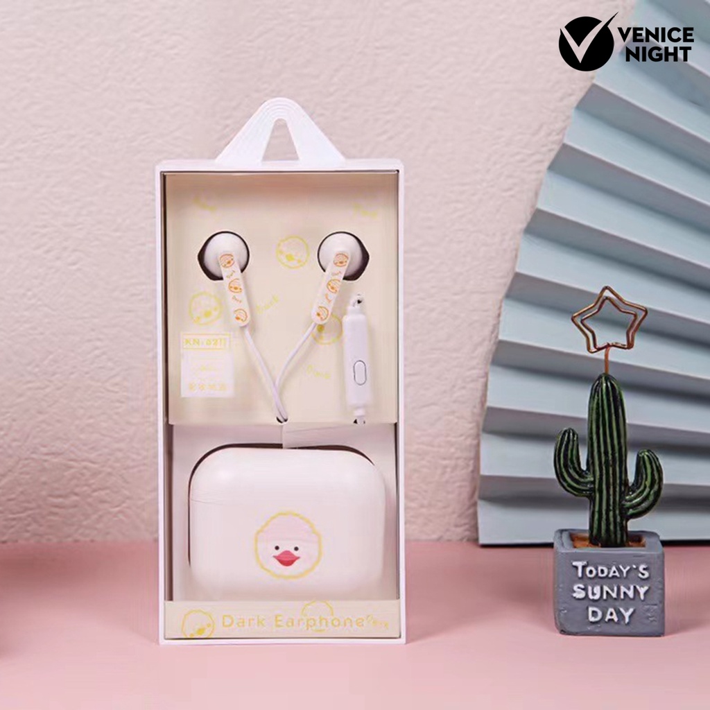 (VNEP) (Berkabel) Earbud High Fidelity Sensitif Univeral Kartun Lucu 3.5mm In-ear Earbud dengan Tempat Penyimpanan untuk Merekam Lagu