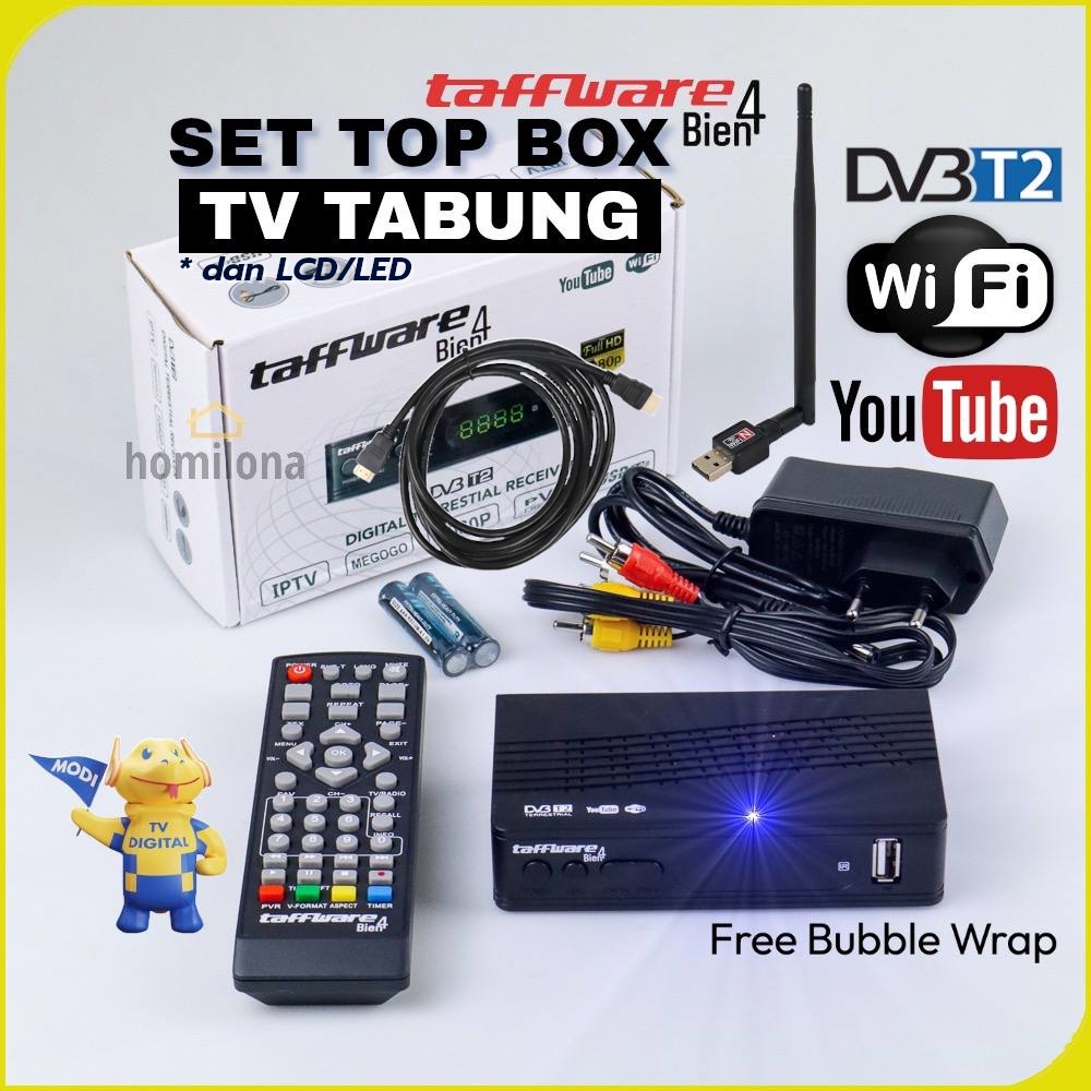 Set Top Box TV Digital Semua Tabung LED Flat Free Kabel RCA Taffware Bien4 Black Decoder Receiver Tuner Alat Penerima Siaran STB Paket Lengkap Bundling Komplit WiFi Dongle YouTube