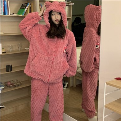 Suhao 2022 Baru Musim Gugur dan Musim Dingin Piyama Wanita Manis Bulu Karang Cute Strawberry Bear Menebal Berkerudung Layanan Rumah Suit