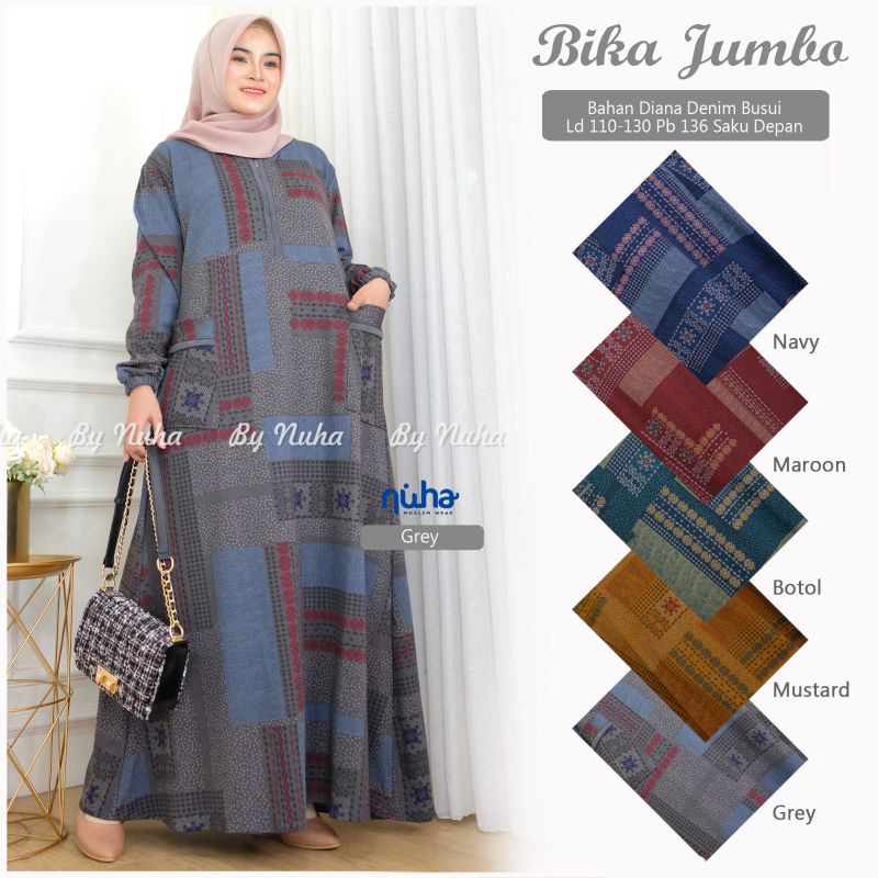 Gamis jumbo kasual busui bika jumbo dress LD 110 Bahan diana denim tebal super melar