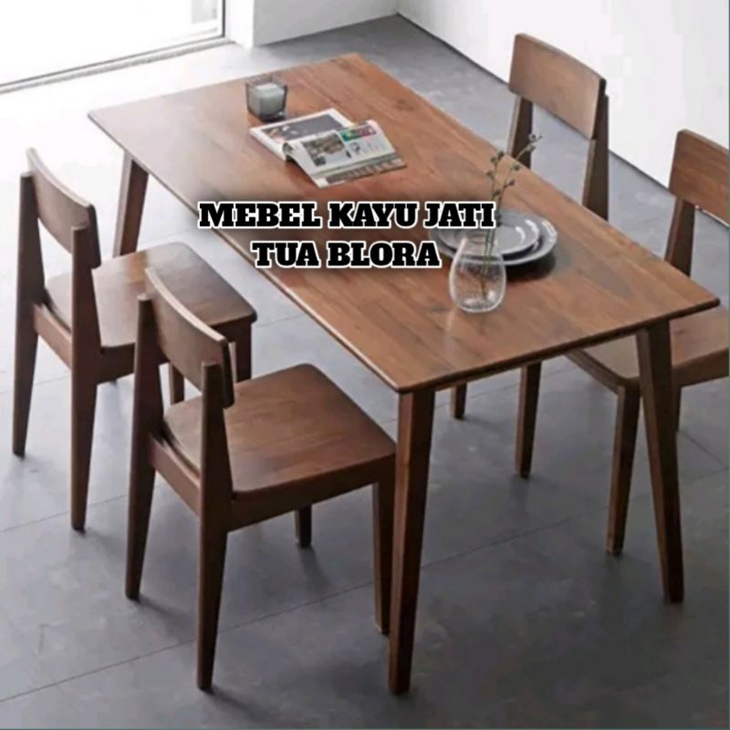 Meja Makan 1 Set Minimalis Kuat Halus Bahan Full Kayu Jati Tua