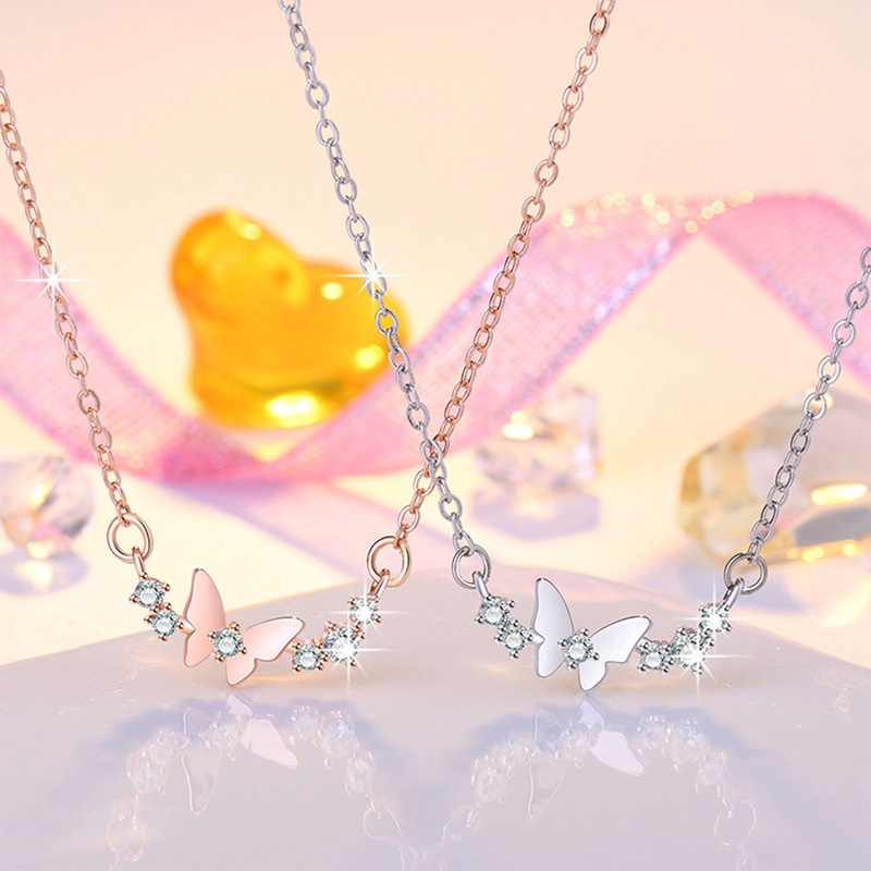 Fancyqube Kalung Rantai Klavikula Sterling Silver 925 Hias Liontin Kupu-Kupu Zircon Untuk Wanita