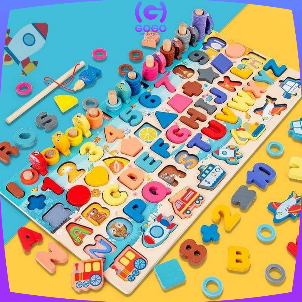 GOGO-M94 Mainan Edukasi 7in1 Puzzle Kayu Anak Huruf dan Angka Pancing Ikan Montessori Wooden Toys