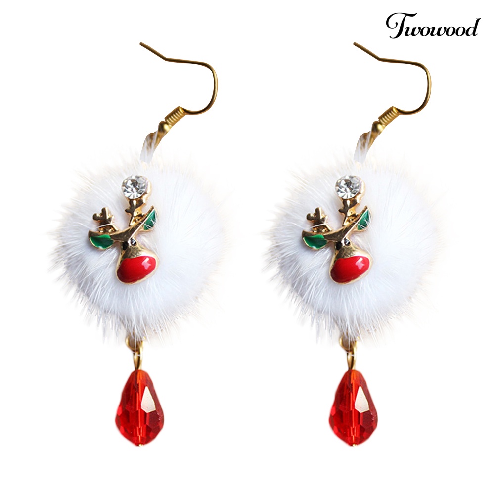 Anting Hook Desain Santa Claus Elk Pompom Aksen Berlian Imitasi Untuk Wanita