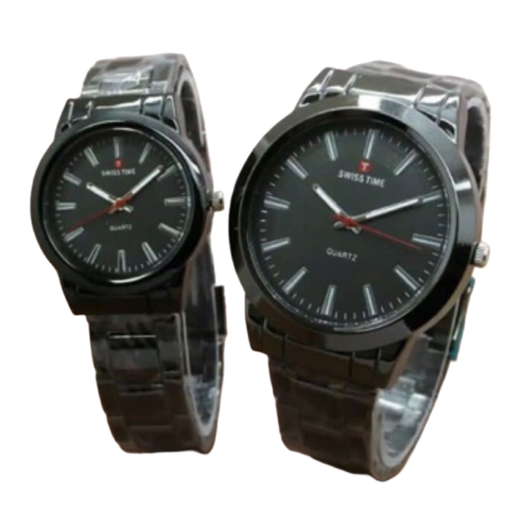 KWS Jam Tangan Couple/Pria/Wanita Swiss-Time Polos Strap Rantai Steel