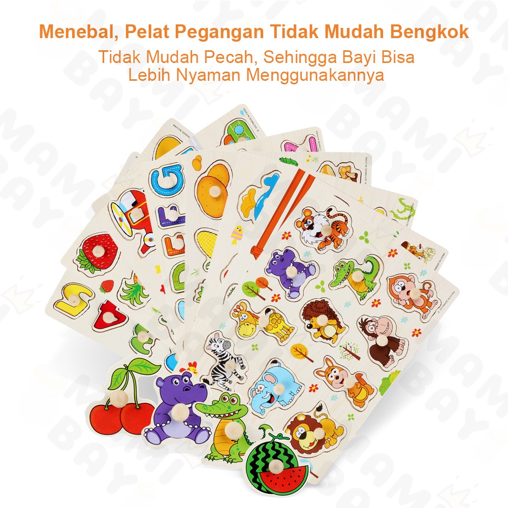 Mamibayi Mainan kayu edukasi anak/Puzzle Kayu Knob/123/ABC/Hewan