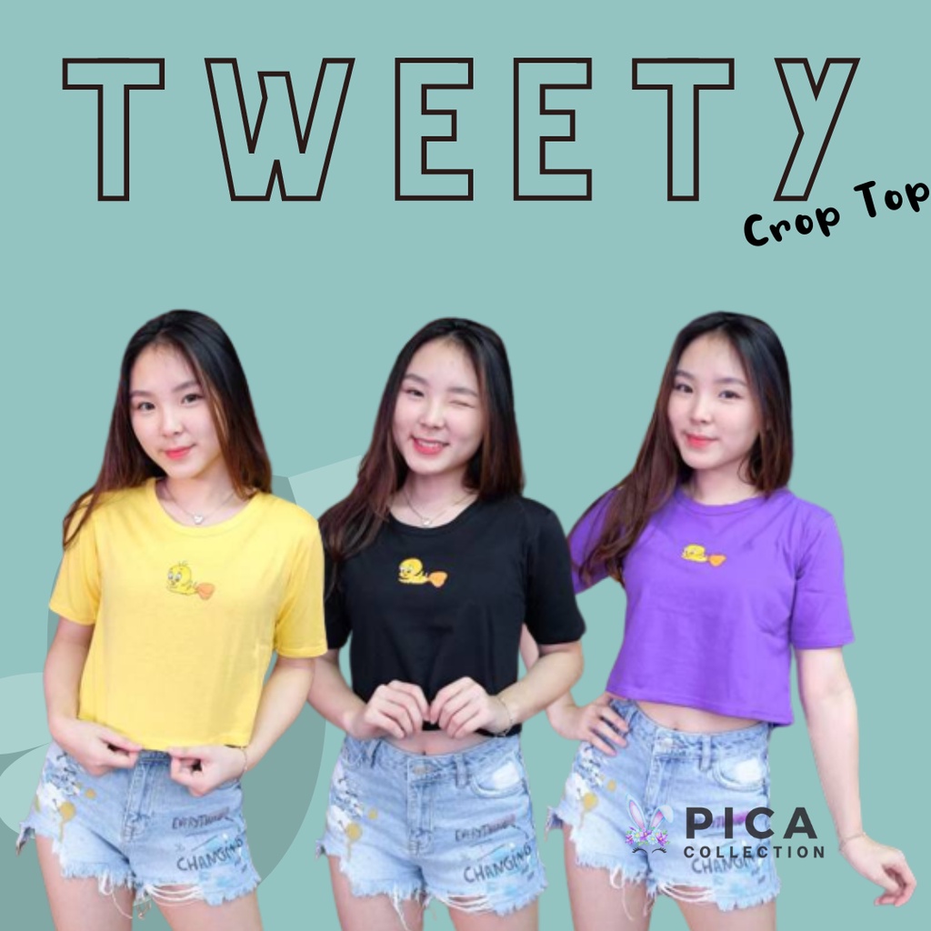 PICA Kaos Wanita Katun - TWEETY CROP TOP