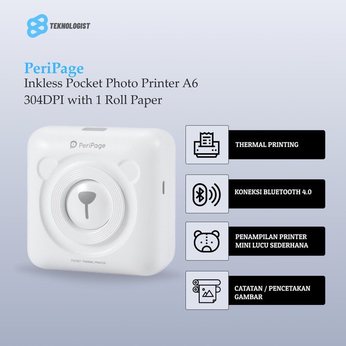 PeriPage Inkless Pocket Photo Printer A6 304DPI + 1 Roll Paper
