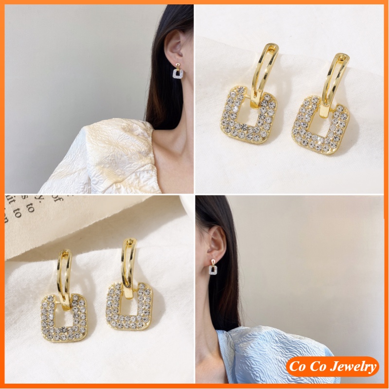 Anting Tusuk Bahan Sterling Silver 925 Desain Geometri Hias Berlian Gaya Korea Untuk Wanita