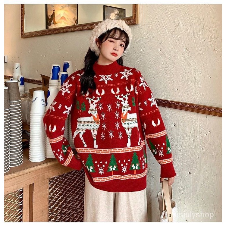 #Sisjuly# Wanita jumper mid-length baru wanita longgar luar menebal Natal jumper merah