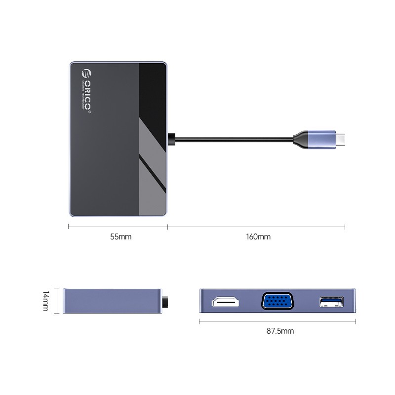 Type c to hdtv vga d-sub usb A 2.0 3.0 audio 3.5mm pd usb-c converter orico 4k 1080p 5Gbps 5a 100w aluminum 7in1 hub dm-7p dm7p