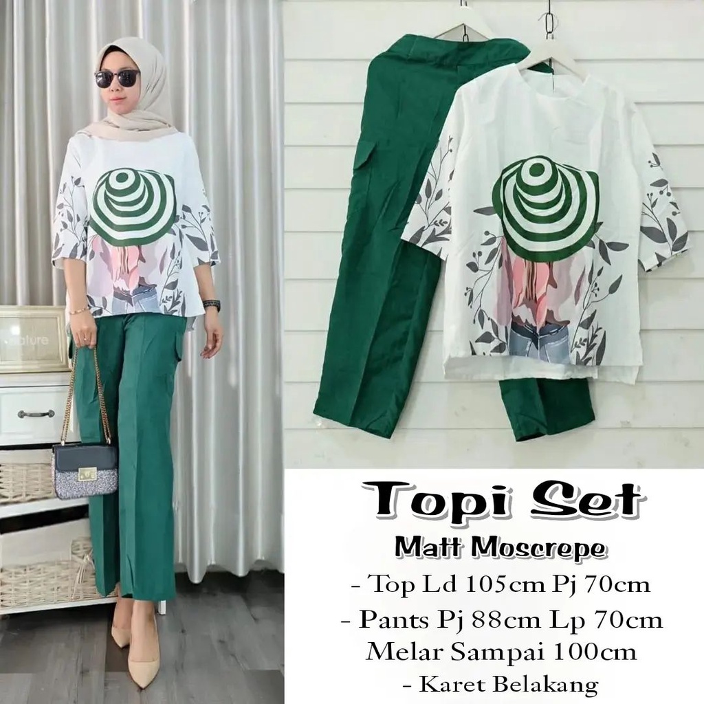 Setelan Kekinian Baju Blous + Celana Panjang Simpel Topi Set bahan Moscrepe
