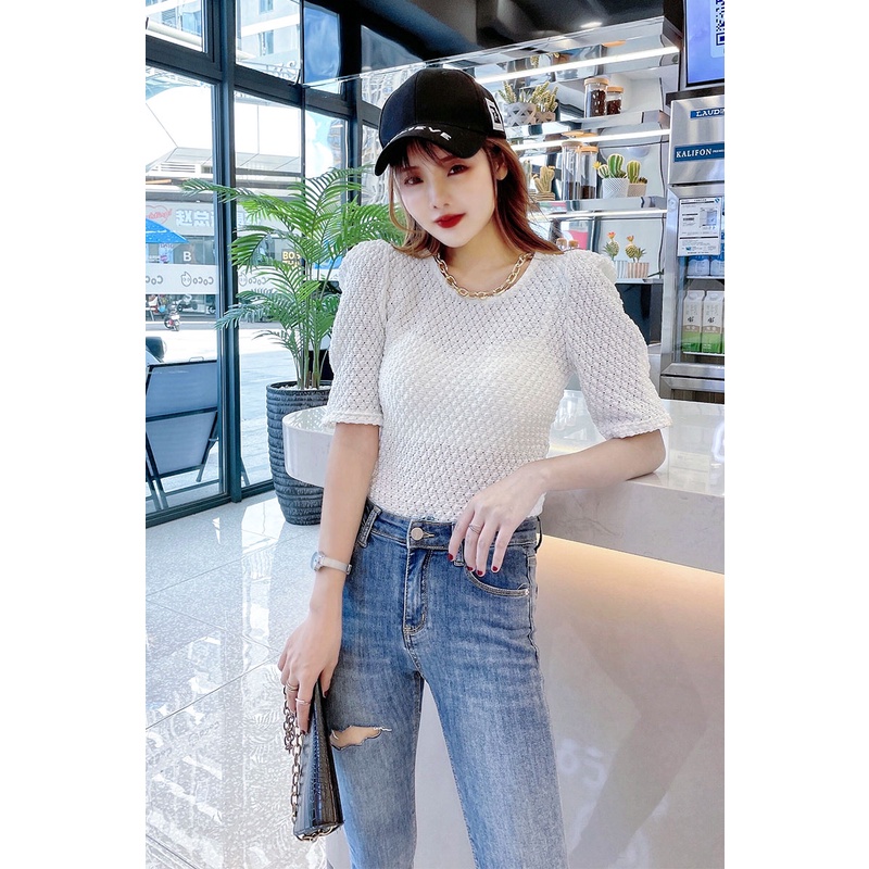 【Blossom】Sleeve Tops Crewneck Shirt Soft Lightweight Knit Blouse 7159