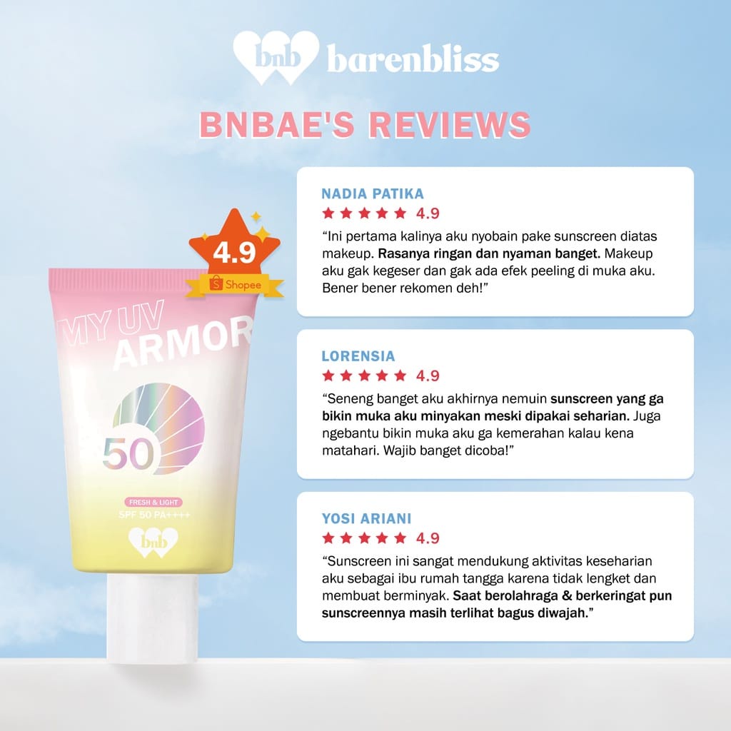 `ღ´ PHINKL `ღ´ BNB BARENBLISS my uv armor SPF 50+++| Sunscreen gel wajah mudah menyerap anti UVA UVB matahari