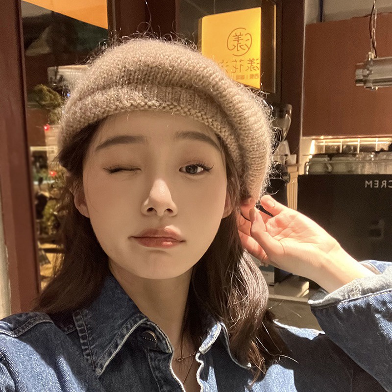 Wanita Wol Topi Retro Padat Mohair Baret Sastra Dan Seni Rajutan Topi Pelukis