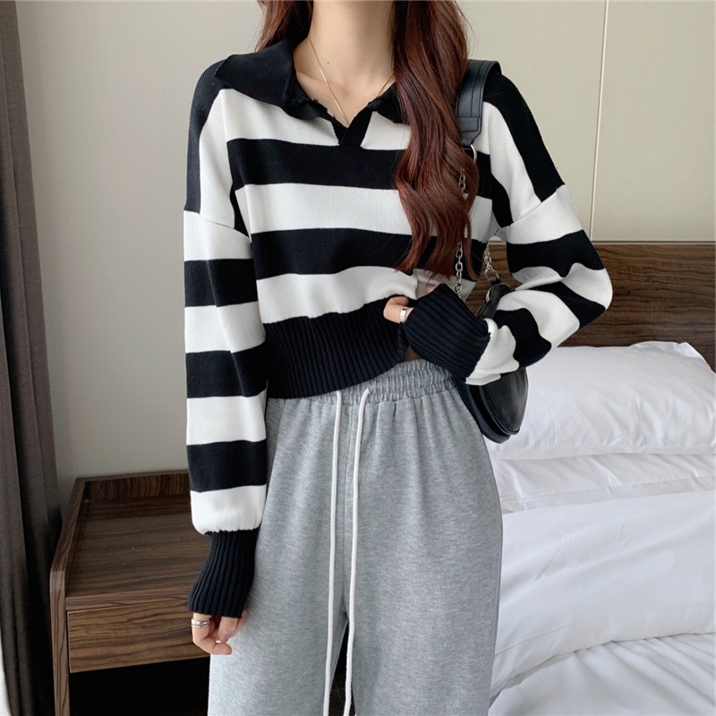 Kaos Stripe Rajut Wanita Lengan Panjang Korean Style Shirt Collar Baju Garis Garis Wanita