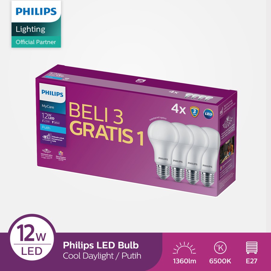 Lampu LED Philips 12w 12 watt multipack  (1 paket isi 4 lampu)