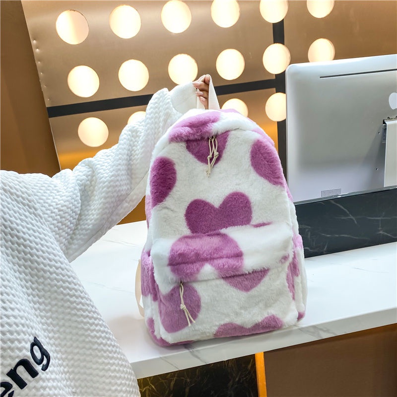 Ransel Mewah Ringan Mori Bulu Mewah Tas Sekolah Serbaguna Sederhana Fashion Pacar Musim Gugur dan Musim Dingin Hangat Pasangan Punggung Ganda