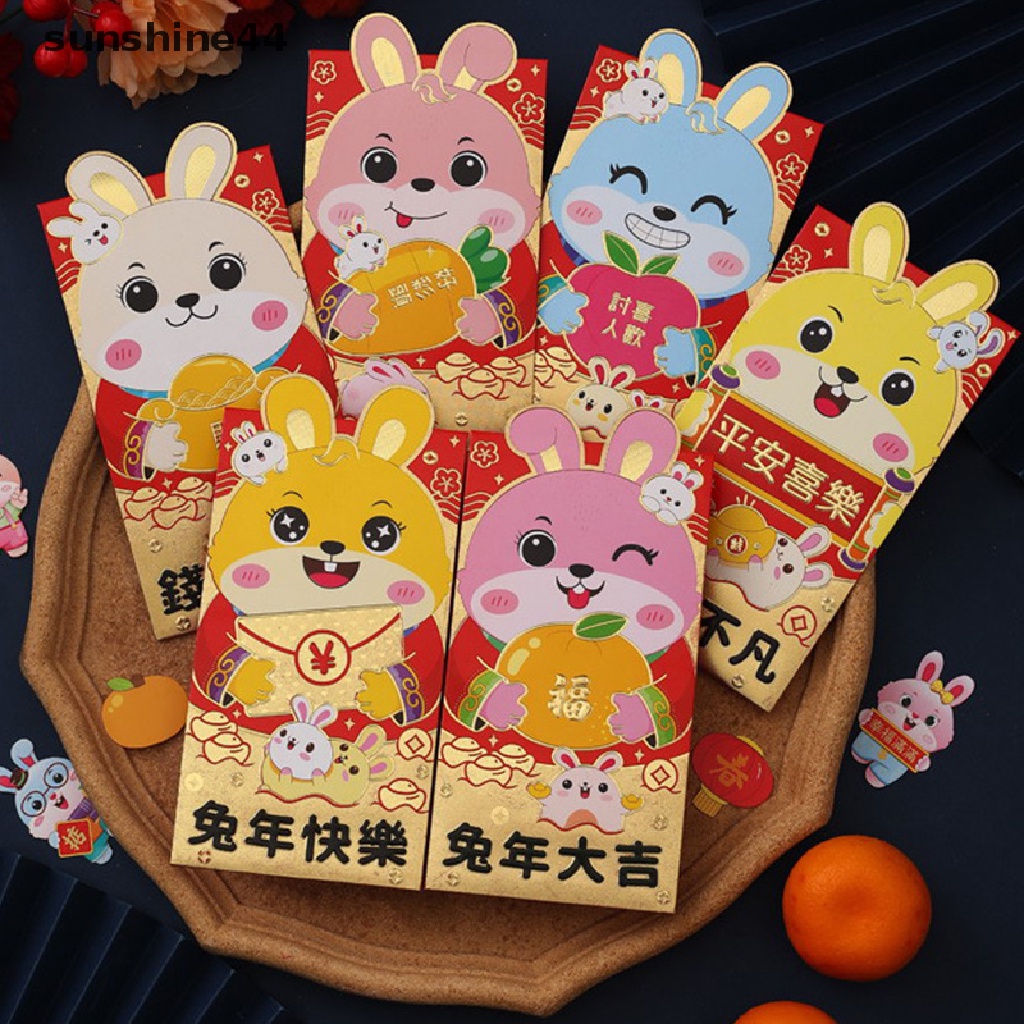 Sunshine 6Pcs Amplop Angpao Tahun Baru Cina / Imlek Gambar Kartun Kelinci 2023