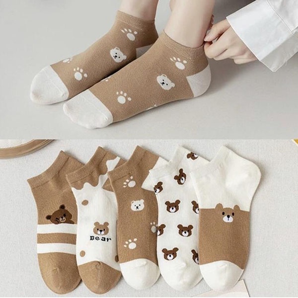 Kaos Kaki Ankle Pria Wanita Motif Beruang Cokelat / Kaus Kaki Pendek Brown Bear Socks Korean Fashion Import / TS-122