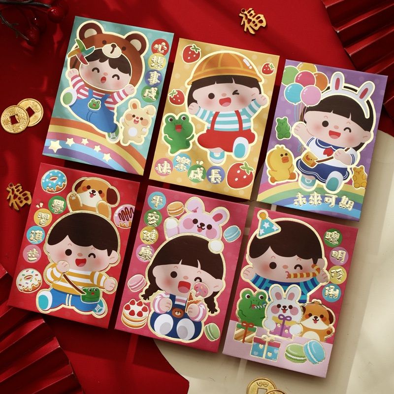 

(6pcs) angpao netral anak laki laki dan perempuan/amplop imlek cny new year/ampau hadiah ulang tahun baby balita imut anak sekolah/red envelope baby girl n boy