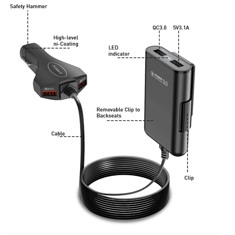 Adaptor Charger Mobil 4 Port USB 3.0 60W 12A Quick Charging Untuk Iphone Android Adoptor