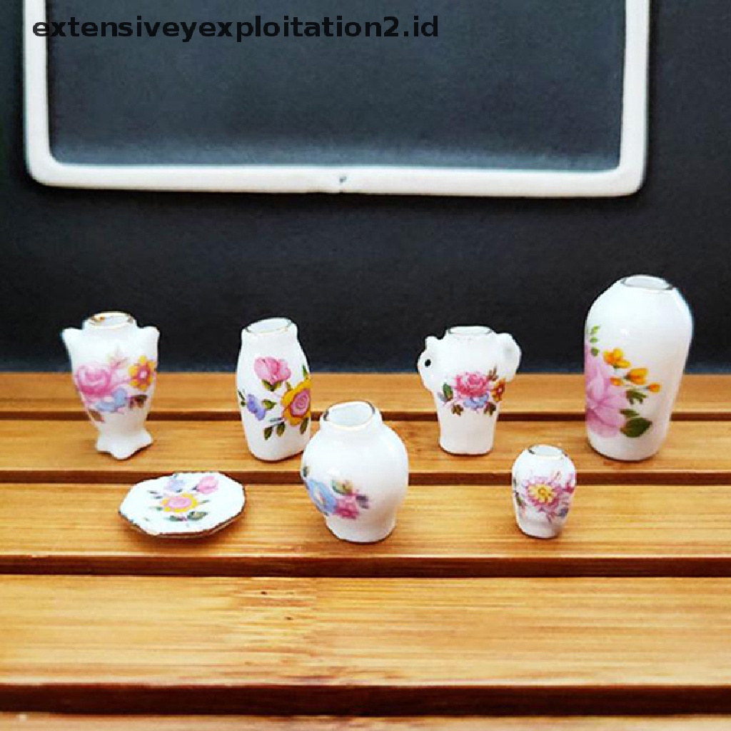 7pcs / Set Mainan Miniatur Vas Bunga Porselen Skala 1: 12 Untuk Aksesoris Rumah Boneka