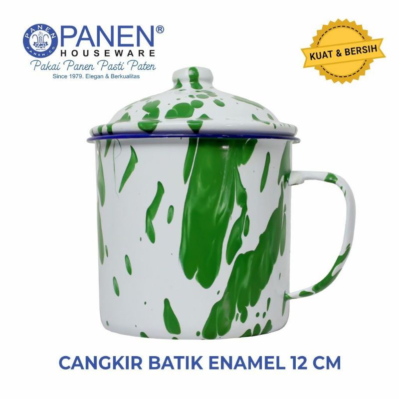 Mug Jadoel Enamel Lurik Batik Panen dengan Tutup