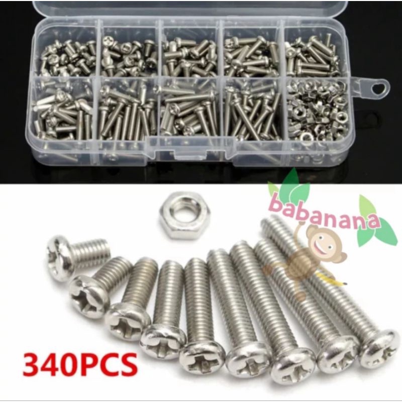 340pcs M3 plus screw button head baut sekrup stainless besi mur nut