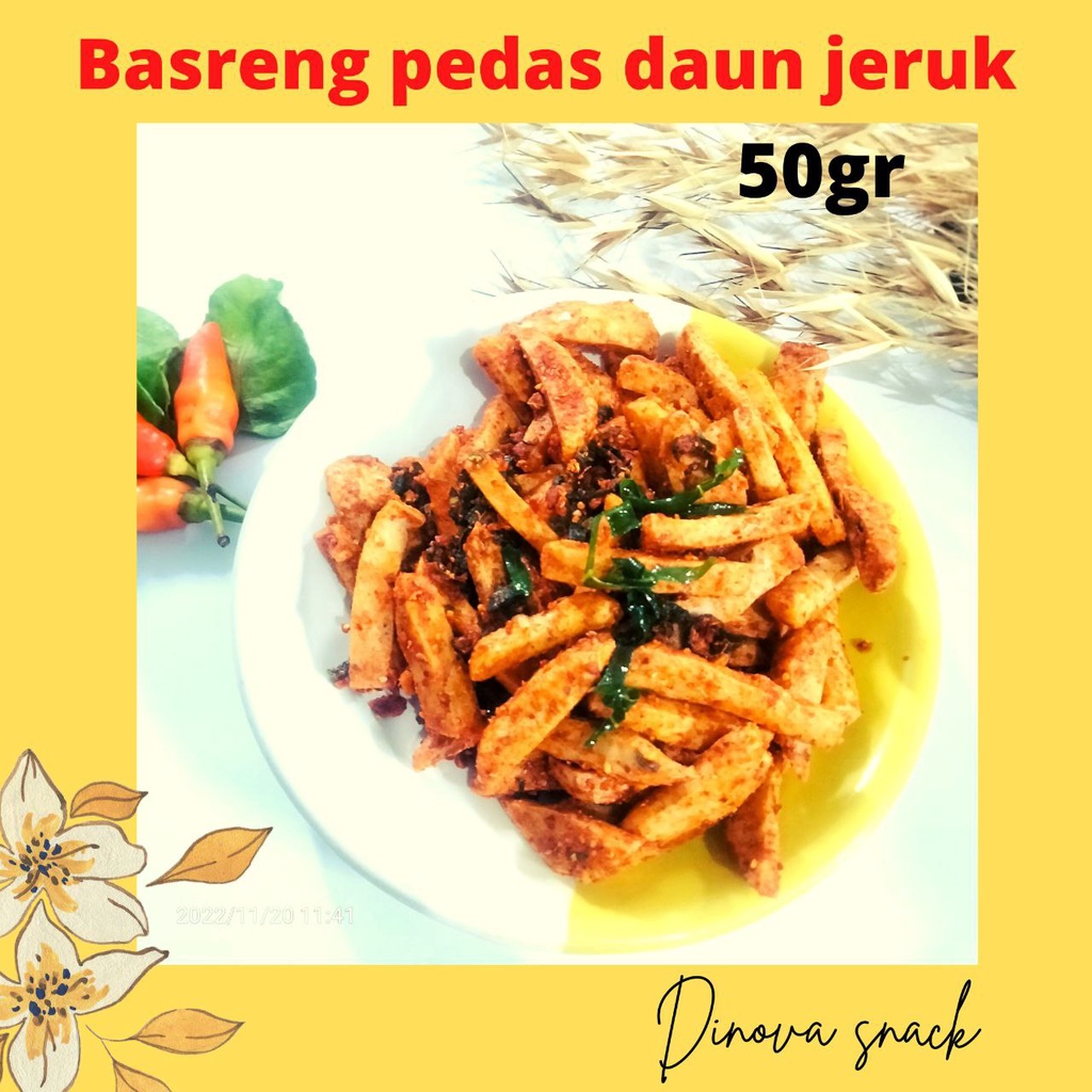 BASRENG PEDAS DAUN JERUK 50 GR basreng daun jeruk snack cemilan pedas