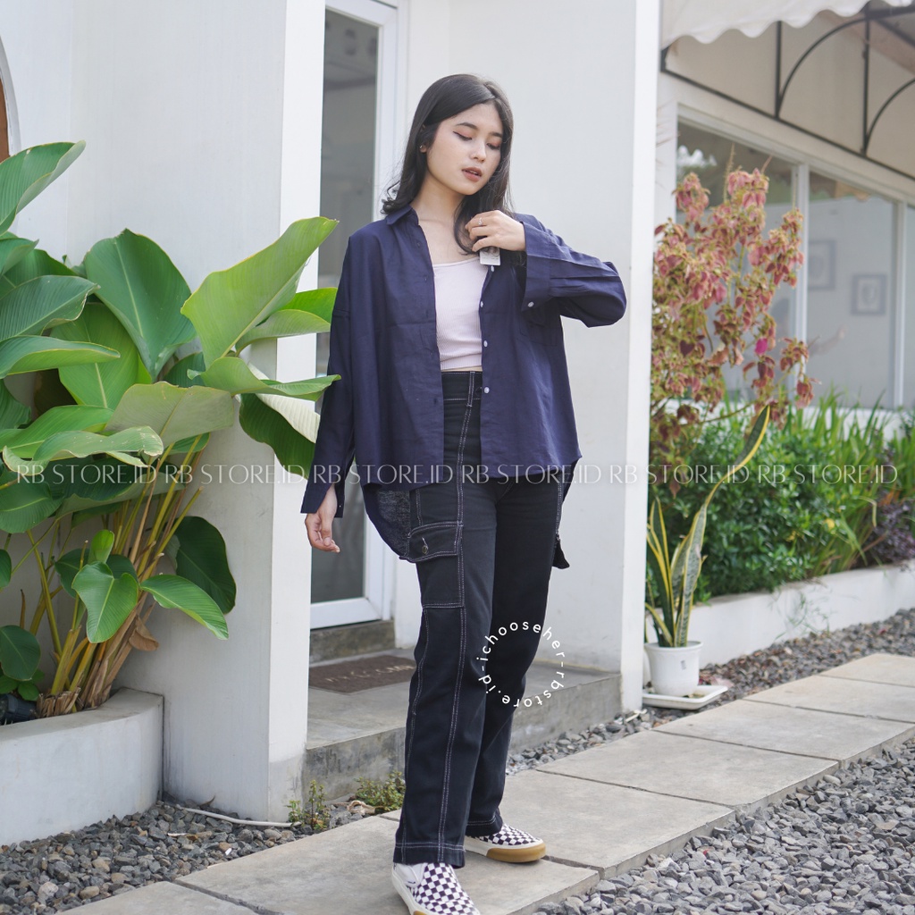 Kemeja Wanita Linen Oversize Olivia Shirt Linen Pocket-OLIVIA NAVY