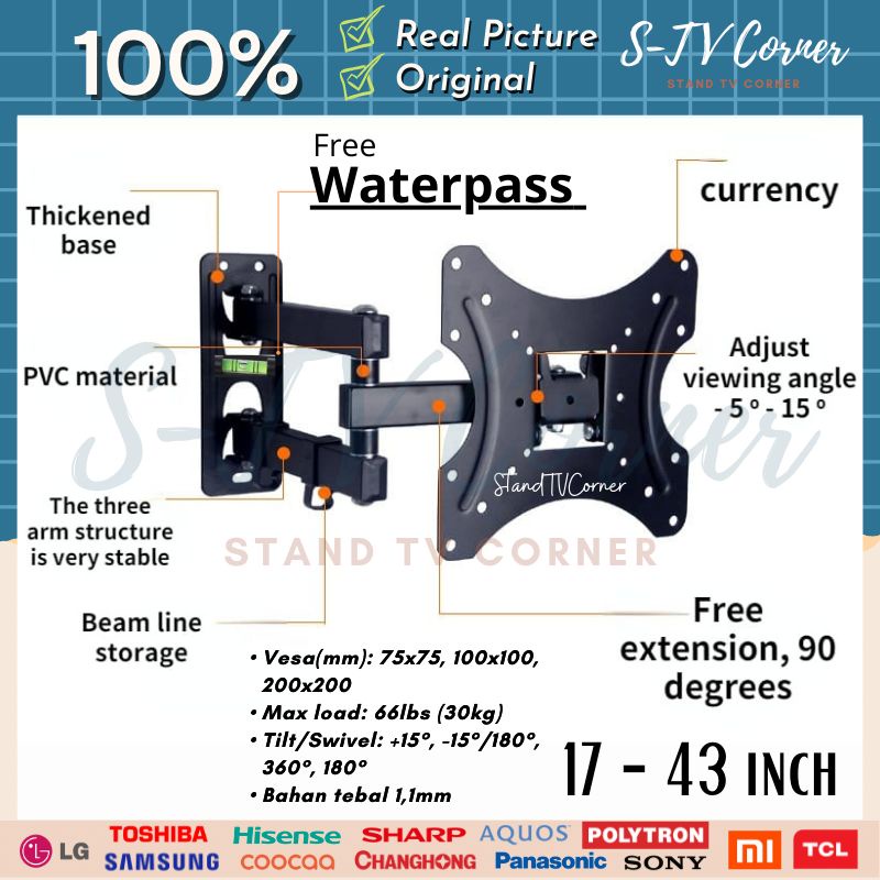 Bracket TV Lengan 43 40 32 24 21 14 10 inch Waterpass