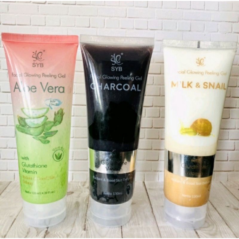 SYB Glowing Peeling Gel 130ml  Aloevera, Milk & Snail, Charcoal - Gel Eksfoliasi Wajah - Glowing Pee